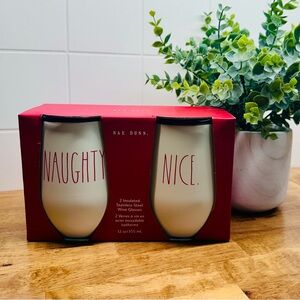 Rae Dunn Cream Insulated Wine Glasses with Red Text - Naughty & Nice